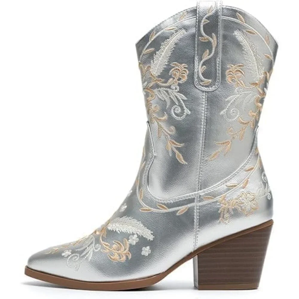 🆕 Cowboy Boots Woman Silver Chunky Heel Leather Embroidered Western Booties - Picture 3 of 6